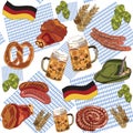 Oktoberfest bavaria pattern beer hops food sausages shank merry germany on the background of the flag