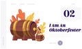 Oktoberfest Bavarian Festival Website Landing Page. Tiny Waitress in Traditional German Costume Dirndl Pouring Beer