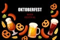 Oktoberfest, beer festival.Background with beer, pretzels, grilled sausages. Royalty Free Stock Photo
