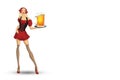 Oktoberfest. Beer Festival. A beautiful waitress is holding a glass of beer on a white background