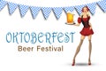 Oktoberfest. Beer Festival. A beautiful waitress is holding a glass of beer on a white background