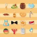 Oktoberfest beer festival, celebration german traditional flat icons set design Royalty Free Stock Photo