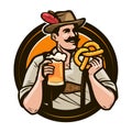 Oktoberfest, beer festival. Happy man in national costume holds a glass of ale and pretzel in hands. Cartoon vector illustration