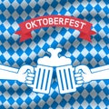 Oktoberfest beer festival poster, menu design. Hands with beer on Oktoberfest checkered background Royalty Free Stock Photo