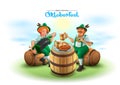 Oktoberfest beer festival. Two German man sit on wooden barrel and play an accordion Royalty Free Stock Photo