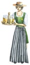 Oktoberfest Beer Festival, waitress wirh glasses of beer, Watercolor