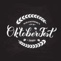 Oktoberfest calligraphy hand lettering on chalkboard background. Traditional Bavarian beer festival. Easy to edit vector template