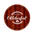 Oktoberfest calligraphy hand lettering on wooden barrel. Traditional Bavarian beer festival. Easy to edit vector template for your