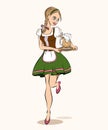 Oktoberfest cartoon style illustration of running waitress in tr
