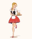 Oktoberfest cartoon style illustration of running waitress in tr