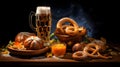 oktoberfest celebration decorated table, beer with pretzel and bread