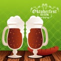 Oktoberfest celebration festival poster with beers cups and sausage