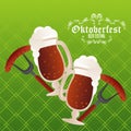 Oktoberfest celebration festival poster with beers cups and sausages