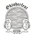 Oktoberfest celebration festival with wooden barrel and beers cups