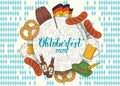 Oktoberfest celebration poster with hand drawn colored glass of beer, hat, flag garland, pretzel, sausage, flag on white located