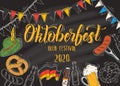 Oktoberfest celebration poster with hand drawn doodle and colored glass of beer, hat, flag garland, pretzel, sausage, flag on