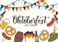 Oktoberfest celebration poster with hand drawn doodle and colored glass of beer, hat, flag garland, pretzel, sausage, flag on