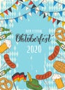 Oktoberfest celebration poster with hand made lettering and icons of glass of beer, hat, barrel, flag garland, german flag, Royalty Free Stock Photo