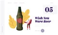 Oktoberfest Celebration Website Landing Page. Man Tourist Holding Huge Bavarian Sausage Stand near Huge Bottle