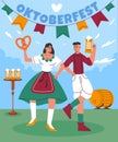 Oktoberfest characters poster. Funny dancing Bavarian couple in national costumes. German beer festival. Traditional Royalty Free Stock Photo