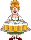 Oktoberfest Woman Waitress Cartoon Character In Traditional Bavarian Clothes Holding Tray Beer Glasses