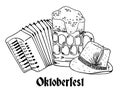 Oktoberfest composition. Traditional German hat, glass of beer, accordion. Hand drawn outline vector illustration