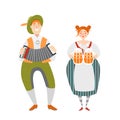 Oktoberfest couple of funny cartoon characters in Bavarian costumes. A man with an accordion and a girl with mugs of beer