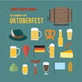 Oktoberfest design elements set. Beer mugs, barrel, pretzel, bottle, hat with feather, roasted chicken, fork with sausage, leaf,