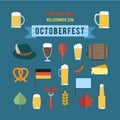 Oktoberfest design elements set. Beer mugs, barrel, pretzel, bottle, hat with feather, roasted chicken, fork with sausage, leaf,