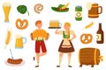 Oktoberfest elements. German munich festival food and drink, beer holiday, happy characters in folk traditional clothes