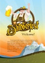 Oktoberfest. Emblem. Cheerful Bavarian landscape on the background in national costume with a beer. Royalty Free Stock Photo