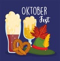Oktoberfest festival, cold and black beers pretzel and green hat, celebration germany traditional