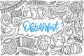 Oktoberfest festival poster with lettering and doodle illustration of traditional bavarian celebration, beverage barrel