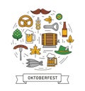 Oktoberfest flat line vector beer icons set. Conteins such icons as beer mug, bottle, pretzel, sausage and more Royalty Free Stock Photo
