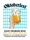 Oktoberfest flyer design. Munich beer festival with bavaria flag background. Full glass of beer hand drawn vector illustration.