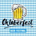 Oktoberfest flyer, lettering and mug of beer on blue traditional background. Festival template celebration. Vector