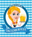 Oktoberfest flyer, with redhead girl holding three pints of