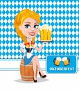 Oktoberfest flyer with redhead girl sitting on barrel and h