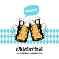 Oktoberfest flyer. Vector beer festival poster. Brewery label or badge with vintage hand sketched glass mugs