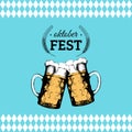 Oktoberfest flyer. Vector beer festival poster. Brewery label or badge with vintage hand sketched glass mugs