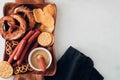 Oktoberfest food, appetizing beer snacks set for big company.Grilled sausages, chips, pretzel. Royalty Free Stock Photo