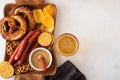 Oktoberfest food, appetizing beer snacks set for big company. Grilled sausages, salami, chips, pretzel crackers and