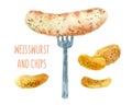 Sausage and chips. Watercolor Oktoberfest food illustration Royalty Free Stock Photo