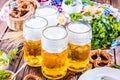 Oktoberfest food menu, bavarian sausages with pretzels, mashed potato, sauerkraut, beer