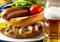 Oktoberfest food - sausage, beer and bretzel. Generative AI