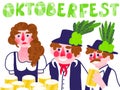 Oktoberfest funny cartoon banner with textured flat people with traditional costume and beer glasses. Royalty Free Stock Photo