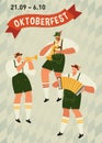 Oktoberfest. Funny cartoon characters in Bavarian folk costumes of Bavaria celebrate and have fun at Oktoberfest beer Royalty Free Stock Photo