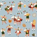 Oktoberfest. Funny cartoon characters in Bavarian folk costumes of Bavaria celebrate and have fun at Oktoberfest beer