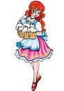 Oktoberfest girl is dressed in national clothes and carries beer mugs, isolated object on a white background, vector illustration