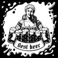 Vector Oktoberfest Girl Waitress Bavarian Beer Glass Barrel Foam Background Royalty Free Stock Photo